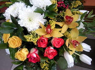 red and yellow Roses, yellow Orchids, and white Tulips bouquet HD wallpaper