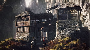 people standing near brown wooden house beside mountain