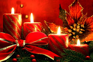 four red pillar candles HD wallpaper