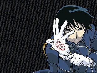 black haired anime male character in blue suit, Full Metal Alchemist, Roy Mustang, anime HD wallpaper