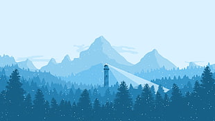 lighthouse illustration, winter, blue, mountains, lighthouse