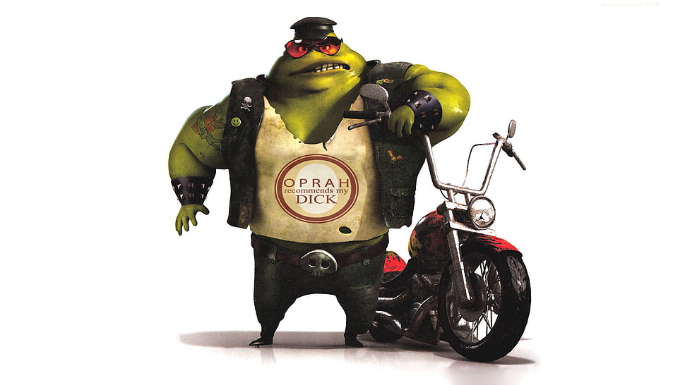 Oprah Dick monster near motorcycle illustration, frog, digital art HD wallpaper