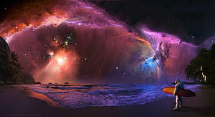 milk way galaxy, atmosphere, stars, space, sea HD wallpaper