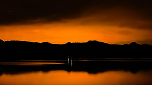 silhouette of mountain, Red sun, sunlight, landscape, reflection