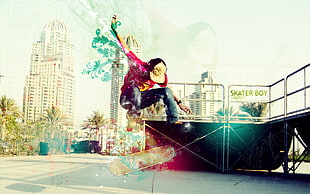 brown skateboard, skateboard, photo manipulation, city, urban HD wallpaper
