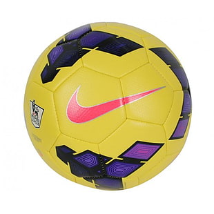 yellow and purple Nike soccer ball