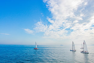 four white sailboats, sea, sailing ship, sky, water HD wallpaper