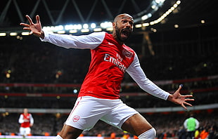 men's red and white Fly Emirates sports jersey, Thierry Henry HD wallpaper