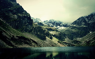gray mountain range, mountains, frost, lake, overcast HD wallpaper