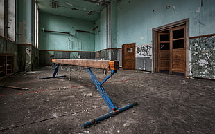 blue and brown metal stand, room, sports, Abandoned city HD wallpaper