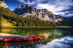 two red kayaks, landscape, nature, lake, mountains HD wallpaper