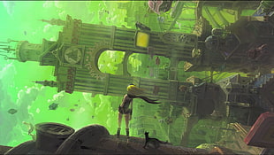 green and black compound bow, anime, building, clock tower, Gravity Rush HD wallpaper