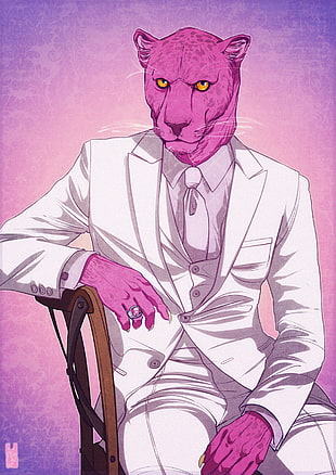 purple cat in white suit animated illustration HD wallpaper