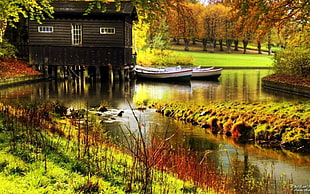 black wooden house, lake, boat, river, water HD wallpaper