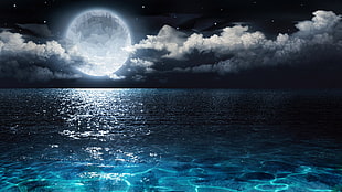 wide body of water and moon illustration, Moon, sea, low poly HD wallpaper