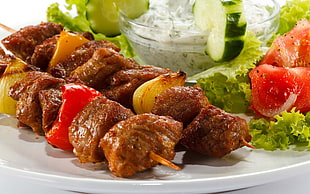 white ceramic plate, kebabs, barbecue, food