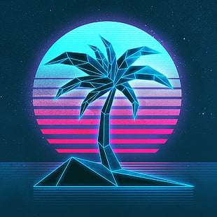 black and blue tree illustration, vaporwave, 1980s, texture, neon