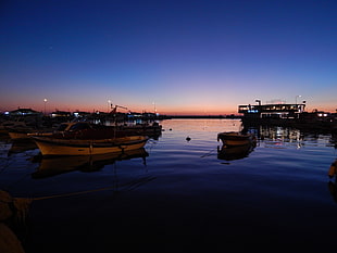 white canoe, sea, blue, ship, night HD wallpaper