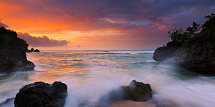 black rock formation near body of water, nature, landscape, sunset, coast HD wallpaper