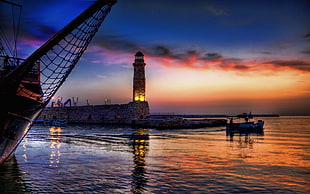 gray lighthouse, ship, sunset, reflection, lighthouse HD wallpaper