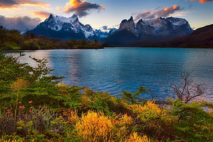 mountain alps in front of body of water, nature, landscape, lake, sunset