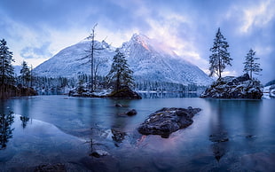 snow mountain beside body of water, nature, landscape, winter, lake