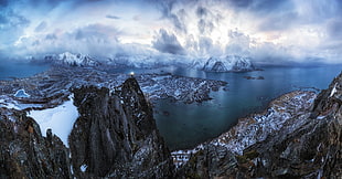 body of water surrounded by mountains, nature, landscape, torchlight, hiking