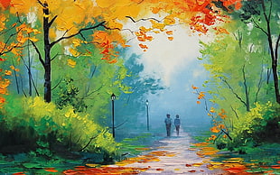 two people walking on street path painting HD wallpaper
