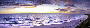 seashore under gray clouds at golden hour, landscape, sea, beach, Australia HD wallpaper