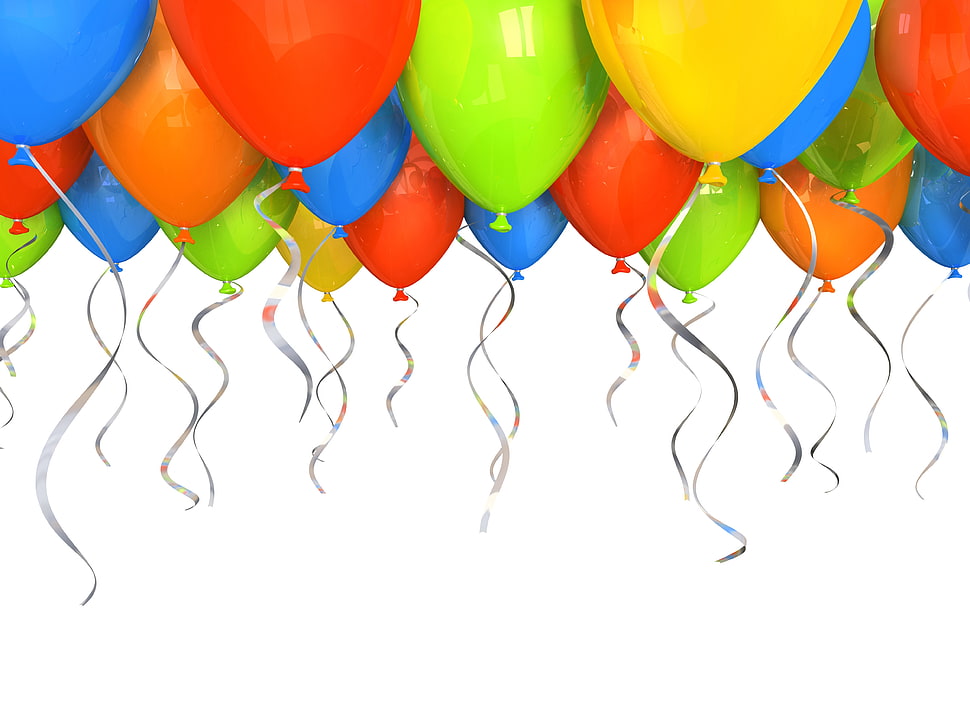 assorted colored balloons in white background HD wallpaper