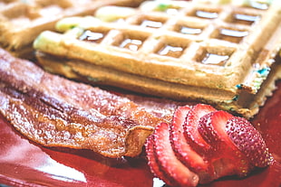 strawberry, bacon, and waffle dish served on red plate HD wallpaper