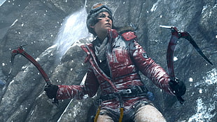 girl in red jacket holding two weapon near mountain game digital wallpaper