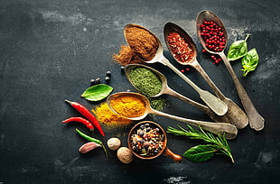 six gray steel spoons, spices, Pepper, food, spoons HD wallpaper