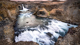 waterfalls between mountain, nature, landscape, water, rock