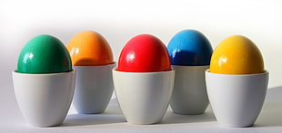 five assorted painted egg on white ceramic vbases HD wallpaper