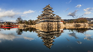 brown and white temple, Matsumoto Castle, architecture, Japan, reflection HD wallpaper