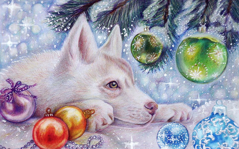 Siberian Husky puppy and Christmas baubles wallpaper HD wallpaper