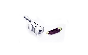 silver pencil sharpener, white background, humor, minimalism HD wallpaper