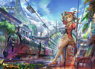 blonde haired girl anime character waiting at train station digital wallpaper HD wallpaper