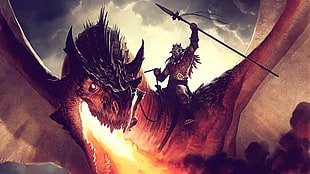 man riding dragon illustration HD wallpaper