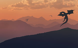 silhouette dragon illustration, dragon, fantasy art, landscape, mountains HD wallpaper