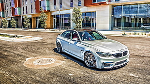 gray BMW sedan on road, car, BMW, HDR