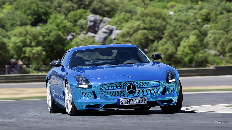 blue Mercedes-Benz coupe, Mercedes SLS, car, blue cars, vehicle HD wallpaper