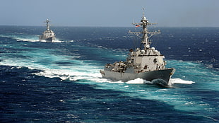 white cruiser ship on water, warship, ship, vehicle HD wallpaper