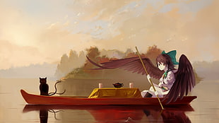 female angel in boat illustration, cat, boat, wings, river HD wallpaper