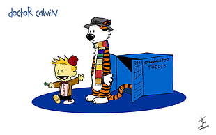 Doctor Calvin illustration, Calvin and Hobbes, comics, Doctor Who, simple background HD wallpaper