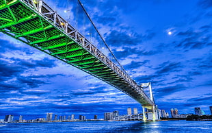 low angle photo of lighted suspension bridge across body of water under blue sky, city