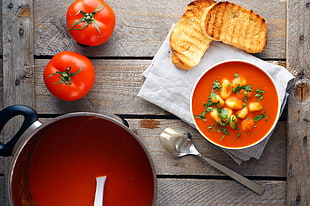 high angle photography of tomato sauce on ceramic bowl HD wallpaper