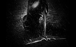 grayscale photo of unpaired platform stiletto shoe, Batman, Batman logo