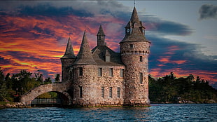 castle, sunset, tower, water HD wallpaper